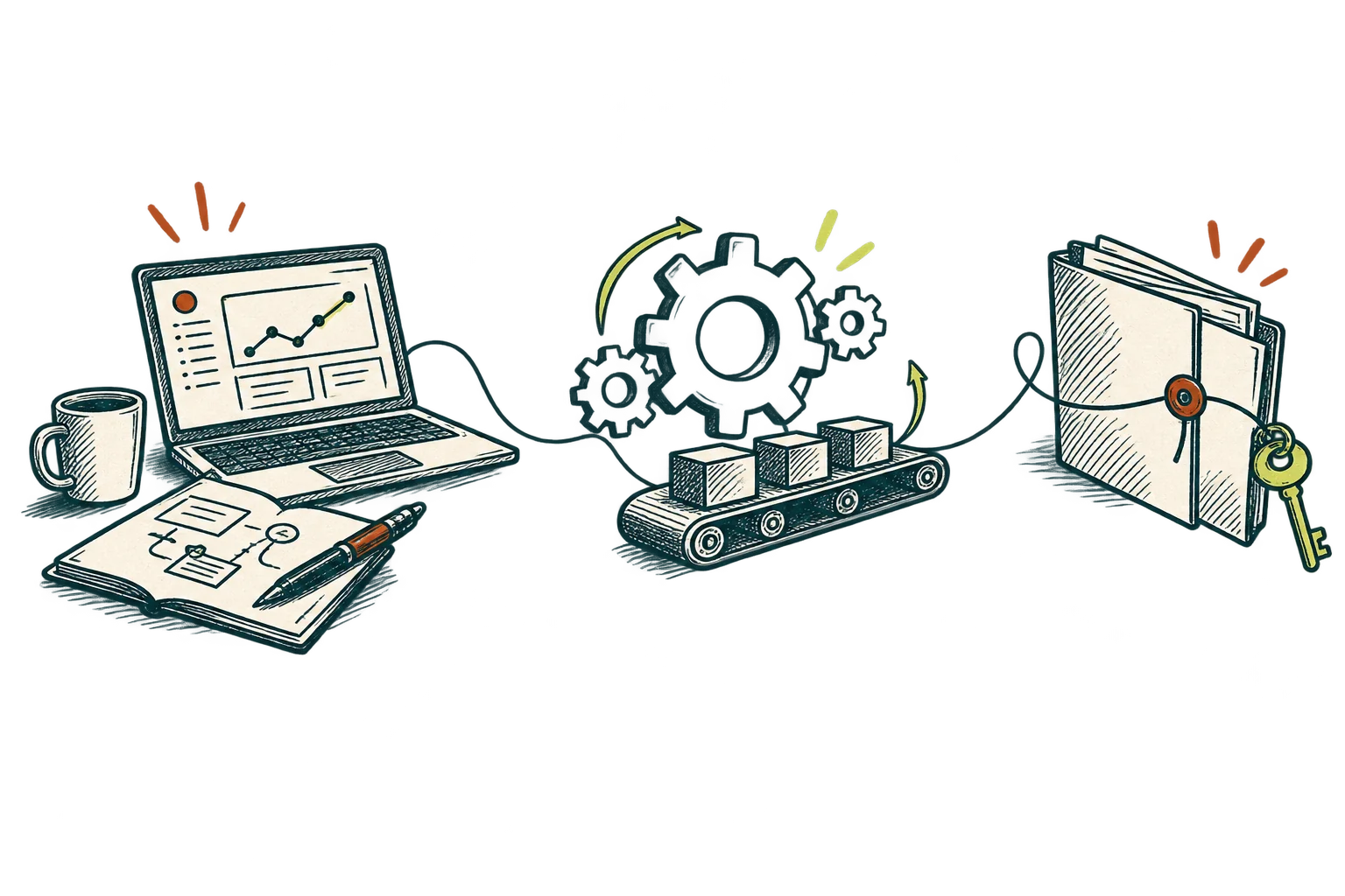 An ink sketch connects a working product, an operating business and a transferable ownership folder.